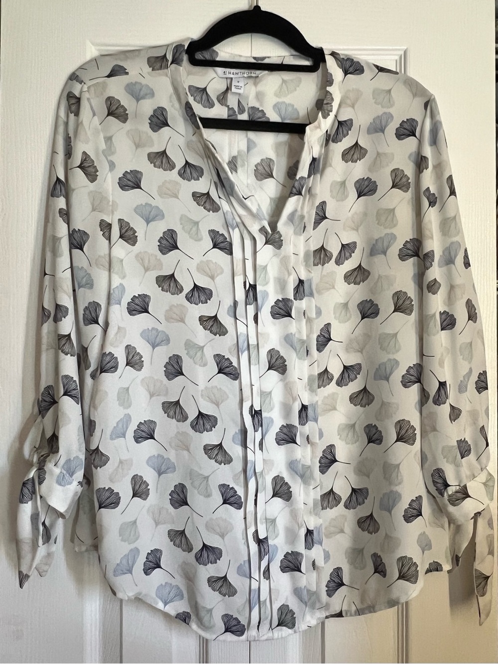 41 Hawthorn White Blouse with Gray and Light Blue Ginkgo Print